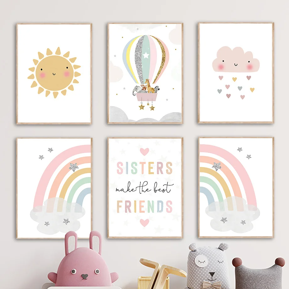 Baby Nursery Giraffe - Giraffe Elephant Hot Balloon Sun Rainbow