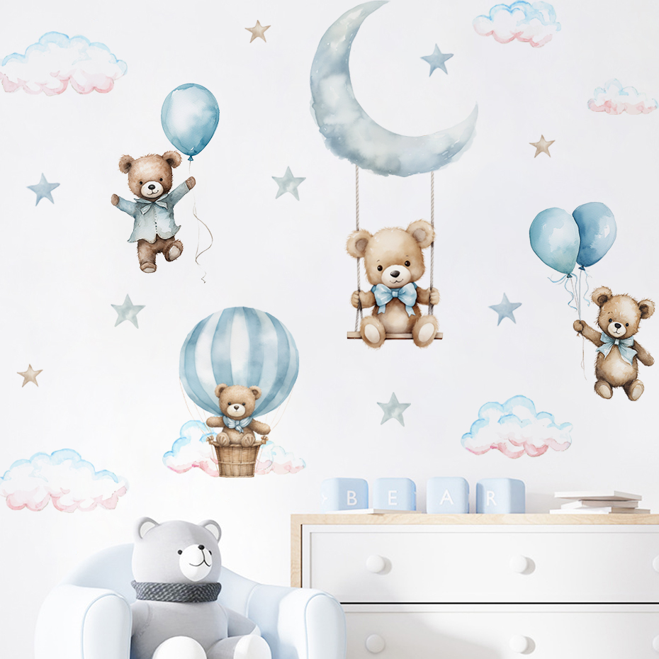 Baby Nursery Decor Boy - Watercolor Bear Hot Air Balloon Cloud