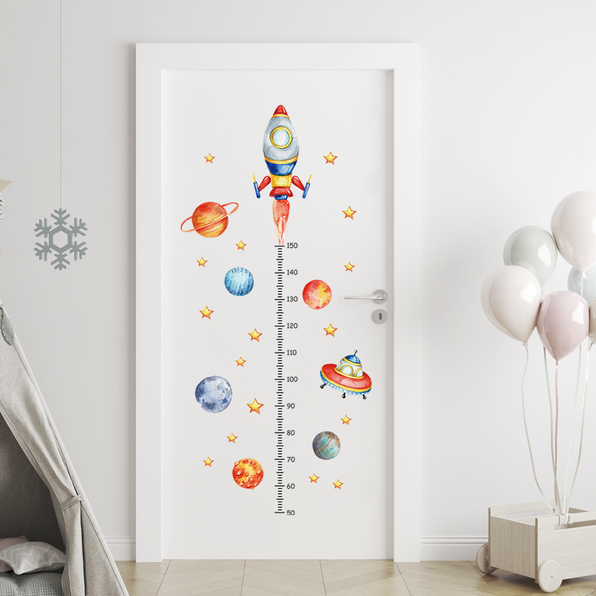 Baby Nursery Decor Boy - Cartoon Planet Rocket Height Measurement Wall