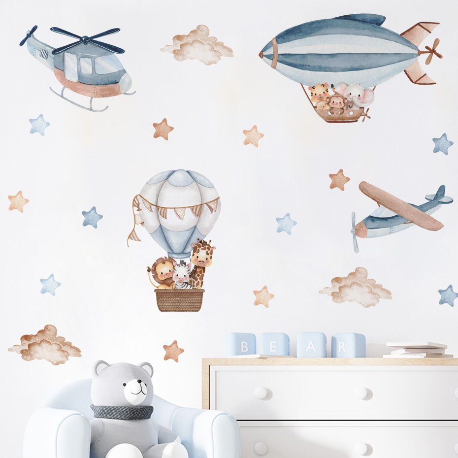 Baby Nursery Decor Boy - Watercolor Animals Hot Air Balloon Clouds