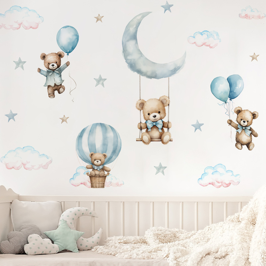 Watercolor Bear Hot Air Balloo - Baby Nursery Decor Boy ulasan dan harga