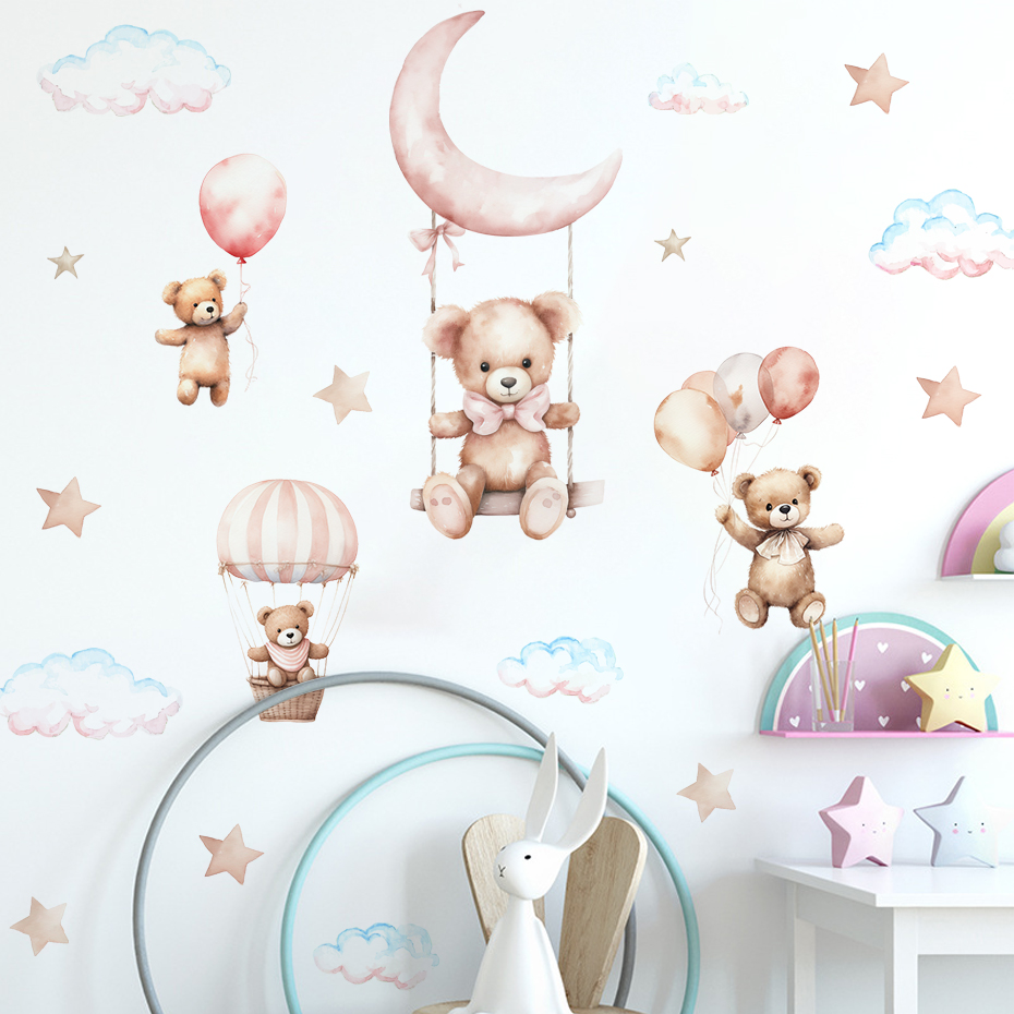 Watercolor Bear Hot Air Balloo - Baby Nursery Decor Boy ulasan dan harga
