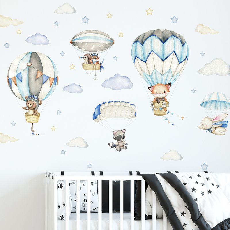 Cartoon Cute Animals Hot Air B - Baby Nursery Labels ulasan dan harga