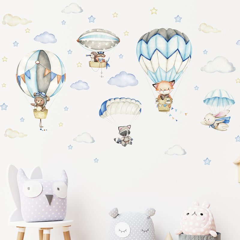 Cartoon Cute Animals Hot Air B - Baby Nursery Labels ulasan dan harga