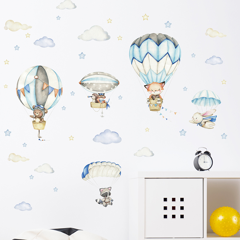 Cartoon Cute Animals Hot Air B - Baby Nursery Labels ulasan dan harga