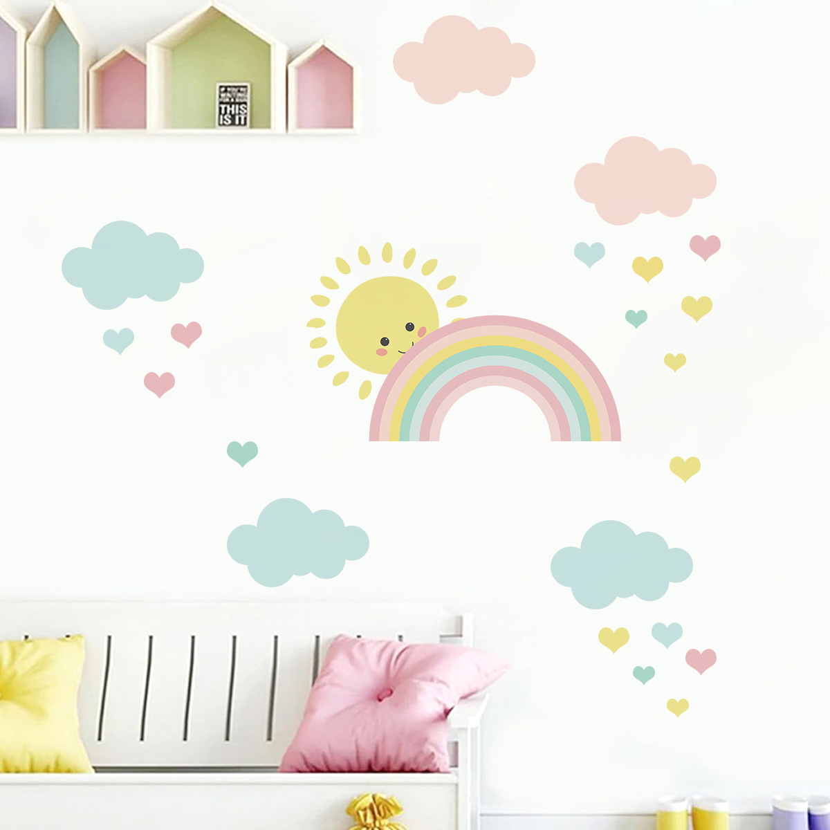 Cartoon Sun Rainbow Clouds Wal - Baby Nursery Decor Boy ulasan dan harga