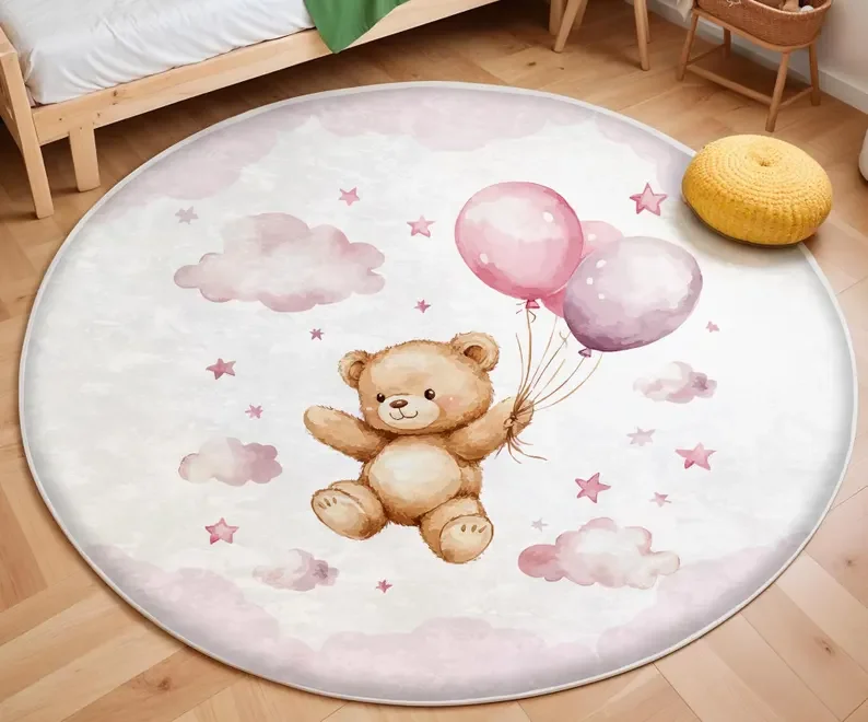 Pink Balloon Bear Cloud Round  - Soft Rug Nursery ulasan dan harga