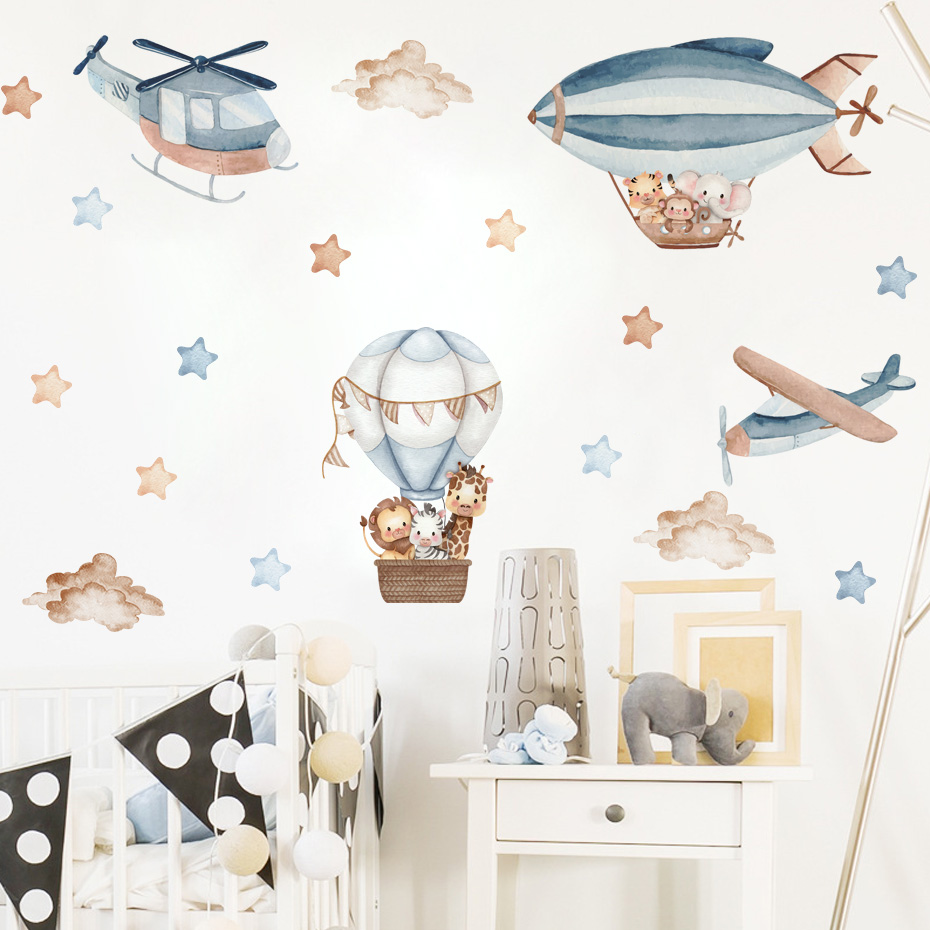 Watercolor Animals Hot Air Bal - Baby Nursery Decor Boy ulasan dan harga