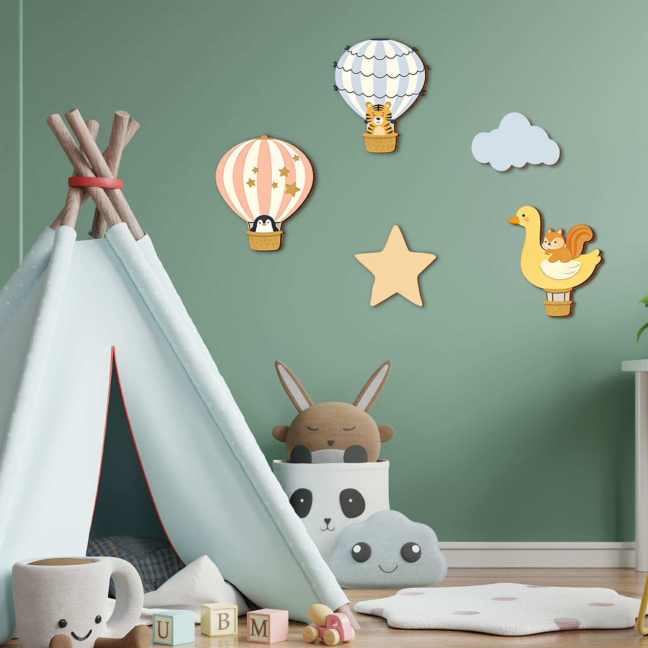 5Pcs Animal Hot Air Balloon Wo - Baby Nursery Labels ulasan dan harga