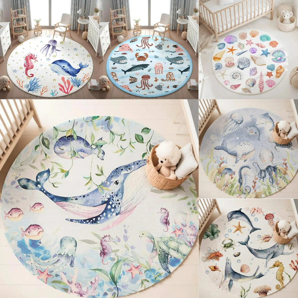 Blue Marine animal Round Carpe - Soft Rug Nursery ulasan dan harga