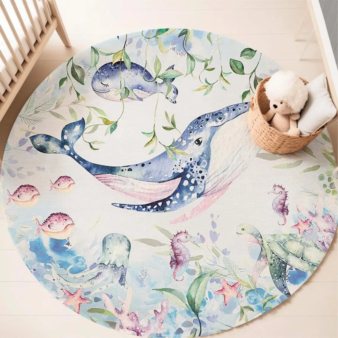 Blue Marine animal Round Carpe - Soft Rug Nursery ulasan dan harga