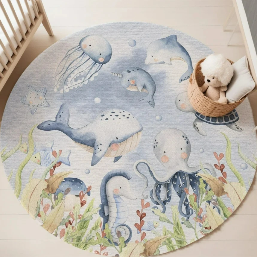 Blue Marine animal Round Carpe - Soft Rug Nursery ulasan dan harga